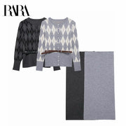 2025 RARA Spring New Women's College Style Diamond Check with Belt Waisted Sweater + Flat Midi Skirt 2-Piece Set