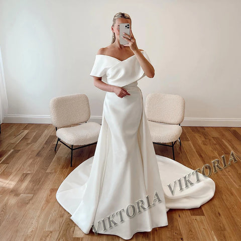 VIKTORIA Classic Satin Wedding Dress For Woman Bride 2025 Detachable Train Off Shoulder Mermaid Vestidos De Novia Drop Shipping