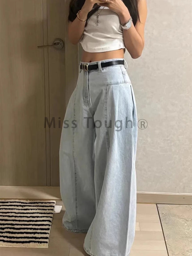 Spring Fashion Wash Wide Leg Jeans Women Korean Vintage Fold Loose Pants New Female Design High Waist Slimming Straight Trouser