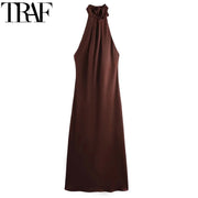 TRAF Halter Satin Long Dress Women Tied Backless Brown Midi Dress Summer Off Shoulder Party Dresses Pleated Evening Dress