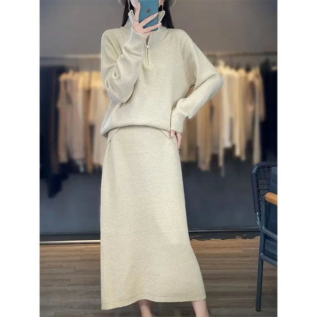 Autumn and Winter Korean Edition New Fashion Set Stand up Collar Zipper Sweater+Skirt Slimming Two Piece Set