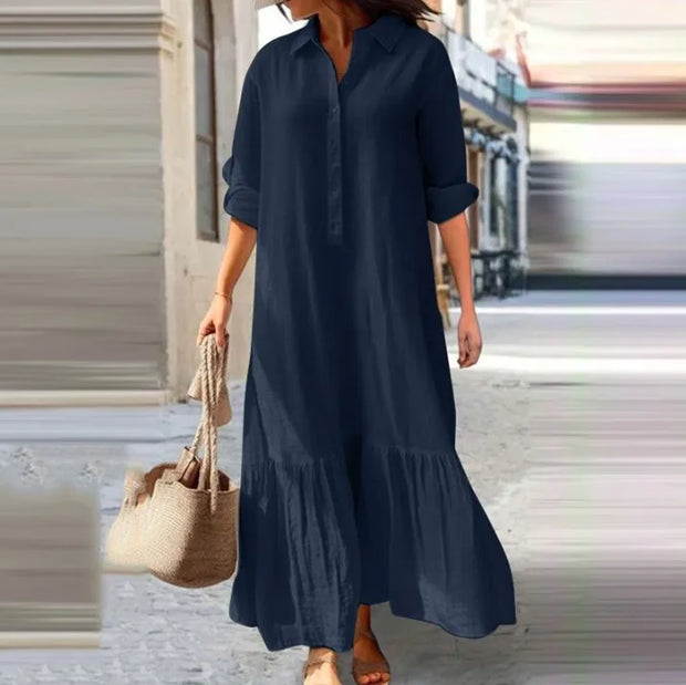 Cotton Linen Long Dress Women Long Sleeve Button Solid Color Casual Ruffles Loose Dresses Spring Autumn Comfortable Shirt Dress