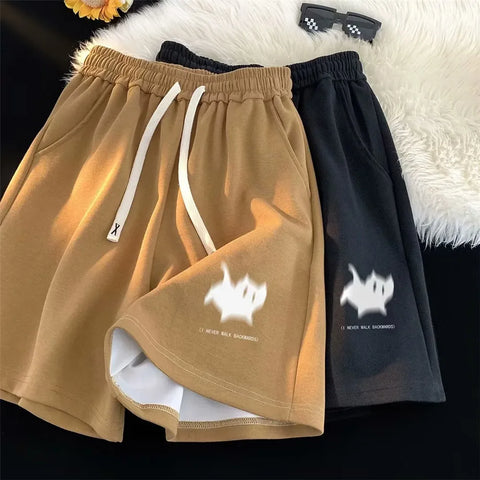 Oversized Shorts Women Gaussian Blur Scares Kittens Print Short Y2k Street Couple Five-point Elastic High Waist Basketball Short