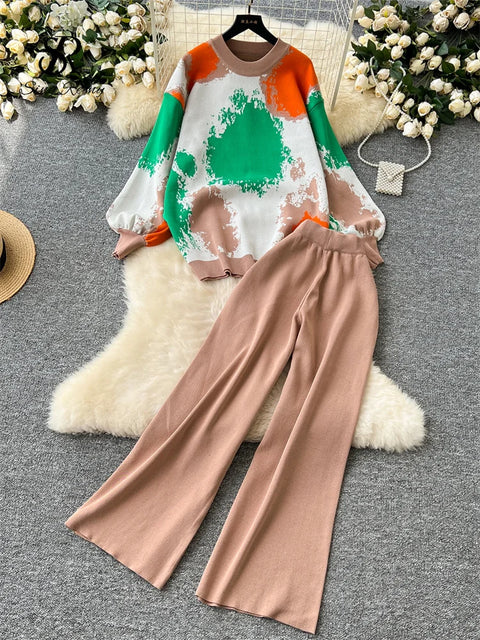 SINGREINY Winter Fashion Thick Sweater Suits 2024 Tie-dye Loose Pullover+Elastic Long Pants Print Casual Knitted Two Pieces Sets