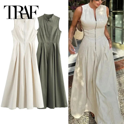 TRAF Zipper Long Dress Woman Pleated Sleeveless Bodycon Dress Summer Elegant Party Dresses For Women 2024 New Midi Dresses