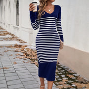 Autumn Winter Women's Knit Dress Female V-neck Stripe Slim Fit Sweater Long Sleeve Dress Lady's Warm Knitwears For Women