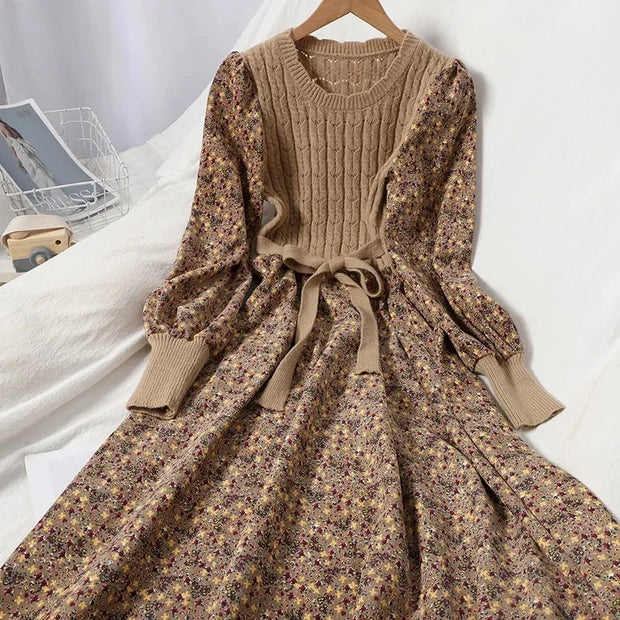 2025 Autumn Winter New Korean Patchwork Bandage Long Sleeved Knitted Dress Women's Fashion Slim Sweet Corduroy Flower Dresses