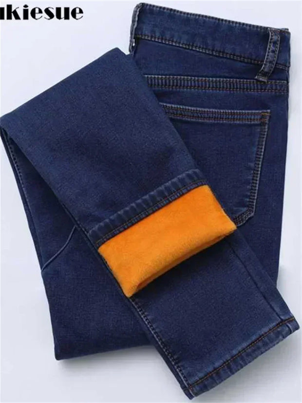 2022 Winter Jeans Women Gold Fleeces Inside Thickening Denim Pants High Waist Warm Trousers Female jeans woman Pants