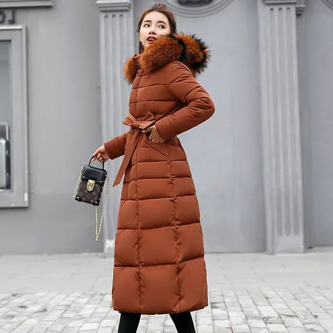 Long Down Cotton Parkas Coat Female New Winter Over Knee Loose Large Fur Collar Hooded Warm Thick Parkas Women Padded Overcoat