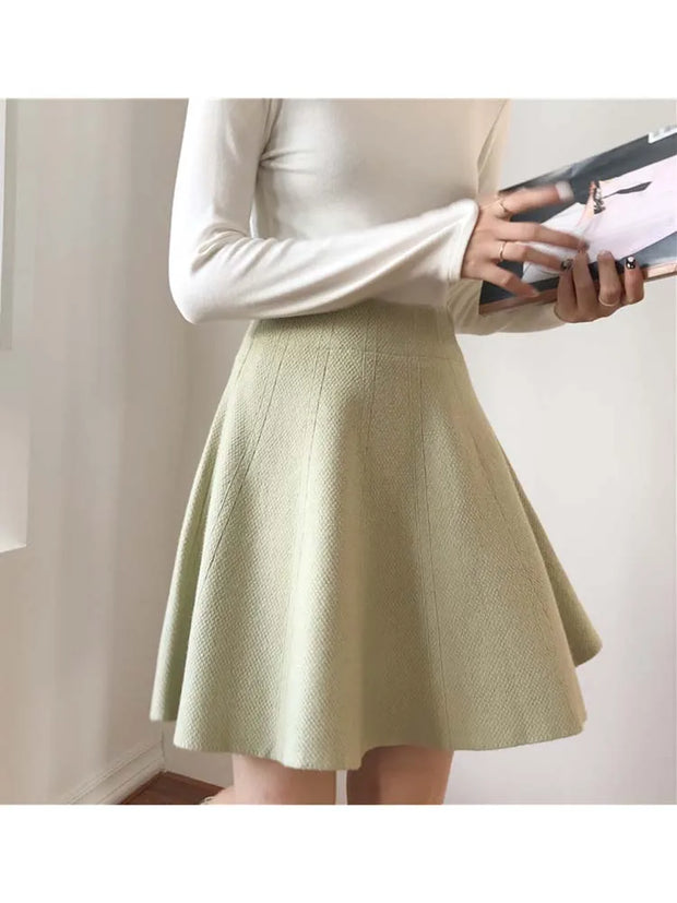 Knitted Mini Skirts Women High Waist Pleated Skirt Autumn Winter Streetwear Solid All Match A Line Skirts