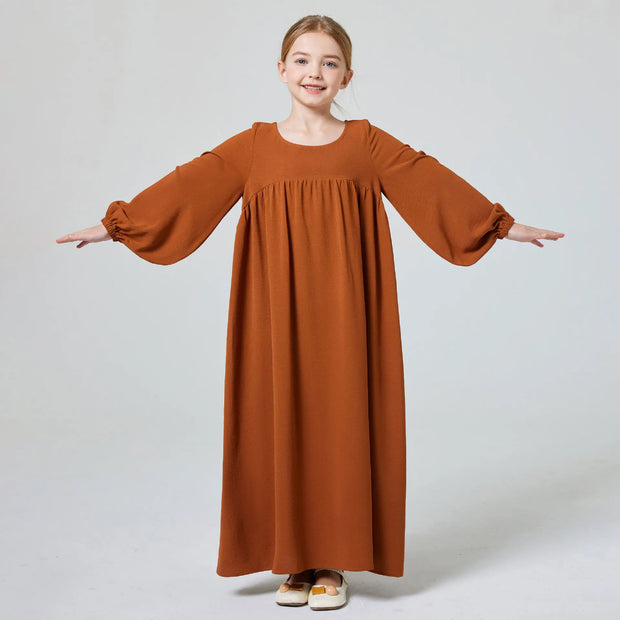 Kids Abaya Ramadan Muslim Dubai Elegant Girl's Solid Crew Neck Long Sleeve Kaftan Kebaya Dress For Party Pray Gift