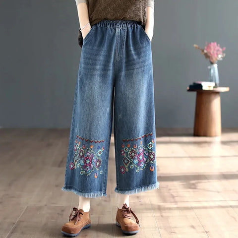 Retro National Style High Waist Embroidered Jeans Female Spring Autumn New Loose Wide-Leg Denim Trousers Women's clothing 2023