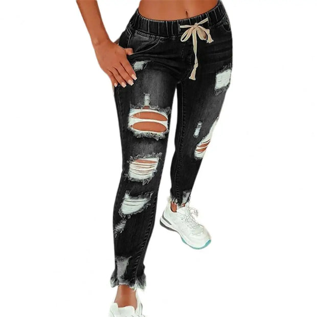 Popular Pencil Jeans Streetwear Women Jeans Slim Slim-fitting All Match Denim Pants  Elastic Waist