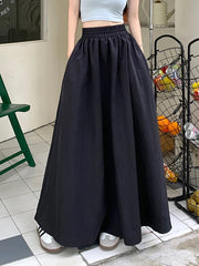 Chic Women Pockets A-Line Long Skirts Ladies Casual Loose Elastic High Waist Midi Skirt 2024 Spring Summer