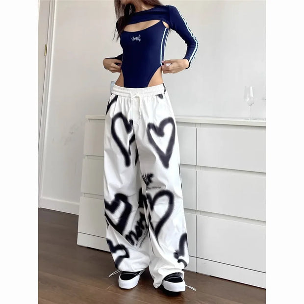 Love Graffiti Wide Leg Pants Women Y2K Elastic High Waist Streetwear Loose Drawstring Jogging Trousers Korean Casual Sweatpants