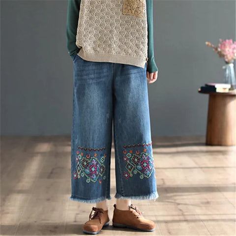 Retro National Style High Waist Embroidered Jeans Female Spring Autumn New Loose Wide-Leg Denim Trousers Women's clothing 2023