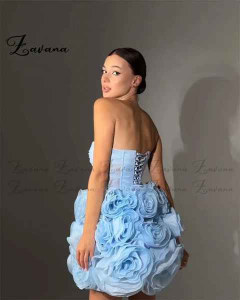 Zavana Delicate Tulle Flower Homecoming Dresses Sheath Strapless Backless Vestido De Noche Saudi Arabric Gala Muslim Customized