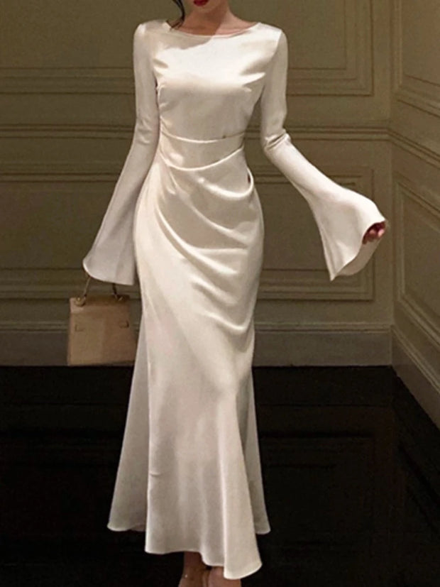 Elegant Solid Midi Dresses for Women Flare Sleeve Slim Mermaid New French Vintage Wedding Party Dress Prom Robe Vestidos Mujer