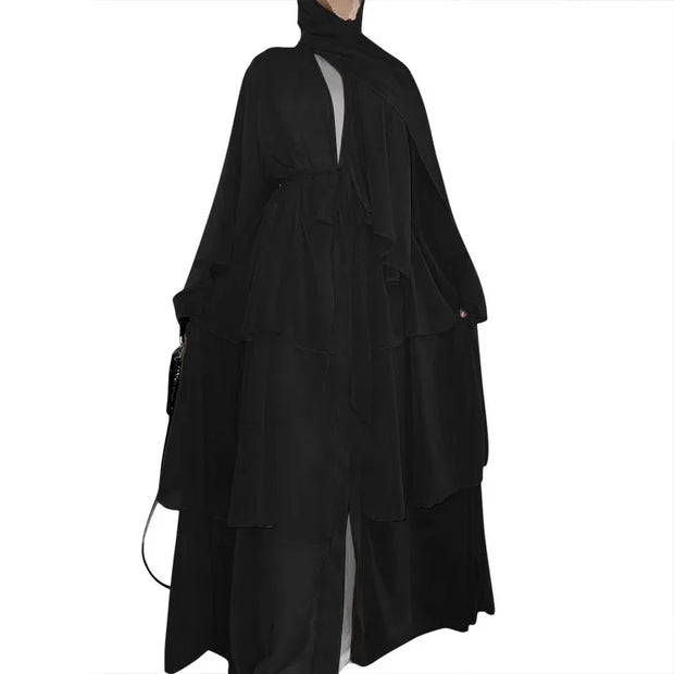 Muslim Open Kimono 3 Layer Abayas for Women Chiffon Dress Dubai Turkey Kebaya Cardigan Arab Robe Islamic Clothes Caftan Marocain