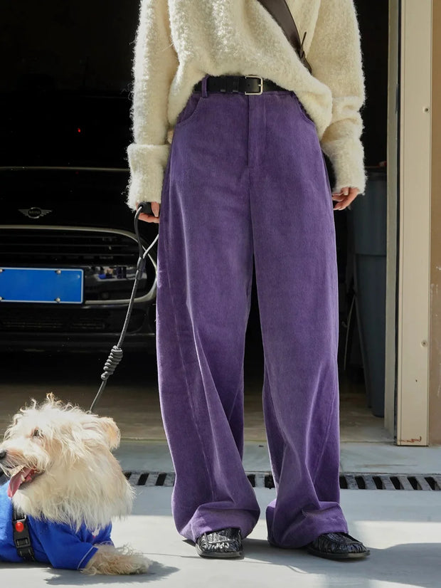 2024 Women Streetwear Fashion Trending Purple Corduroy Baggy Pants for Office Wear Korean Style Fleece Lined Fall Winter Clothes