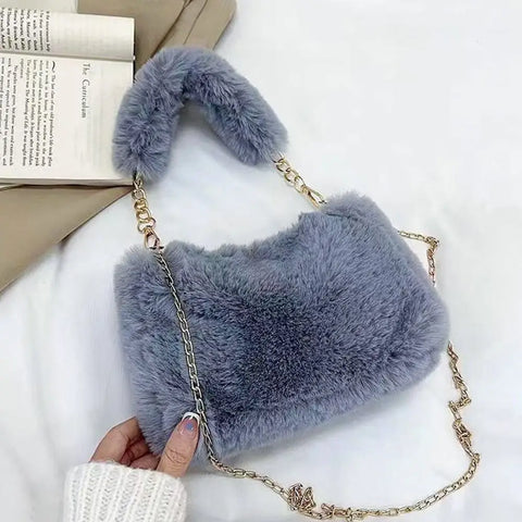 Fashion Women Fluffy Shoulder Bags Female Winter Chain Underarm Bag Solid Color Handbag Soft Plush Handle Bag