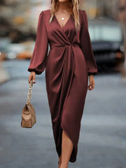 2023 Autumn and Winter New European and American Fashion Solid Color Waist Slit V-Neck Long Sleeve Dress for Women long dresses