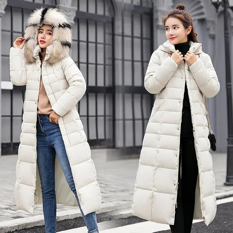 Long Down Cotton Parkas Coat Female New Winter Over Knee Loose Large Fur Collar Hooded Warm Thick Parkas Women Padded Overcoat