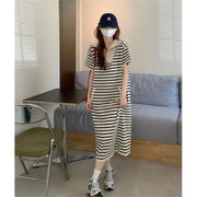 Fashion Lapel Zipper Spliced Striped Casual Dresses Female Clothing 2024 Summer New Loose Korean Short Sleeve Midi Dress