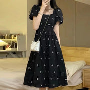 Elegant Women Midi Dress Korean Style Floral Print Square Collar Casual Black Dresses