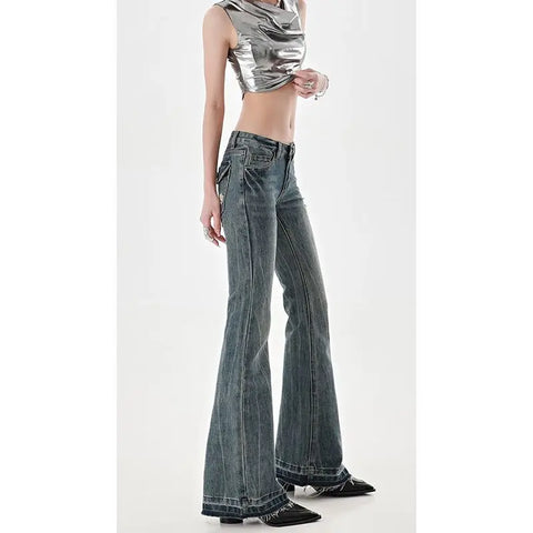 American High Street Spicy Girls Low Waist Jeans Women Autumn Vintage Y2k Design Sense Slim Fit Straight Tube Micro Flare Pants