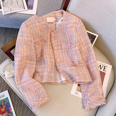 Women Pink Tweed Jacket Elegant Buttons Up Cardigan Coat Female Long Sleeve Tassel Office Outerwear Autumn Winter Chic Overcoat