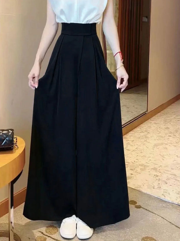 Casual Wide Leg Pants Women High Waist Loose Solid Pleated Fashion All-match Elegant Office Lady Slender Simple Korean Style