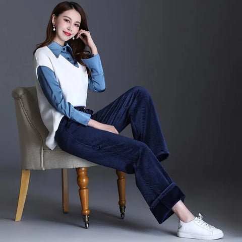 Winter Velvet Wide Leg Pants Women New Baggy Thicken Lace Up Straight Sweatpants Plush Liend Warm Pantalones High Wasit Spodnie