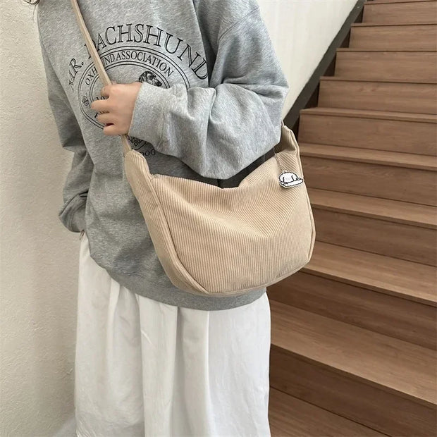 Black Corduroy Bags for Women Japanese Canvas Large Single Shoulder Crossbody Dumpling Bag Student Korean Casual Choth Handbag