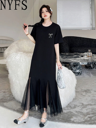 NYFS 2025 Summer New Korea Woman Dress Vestidos Robe Elbise Loose Plus Size Patchwork Mesh Hem Short Sleeve Long Dresses