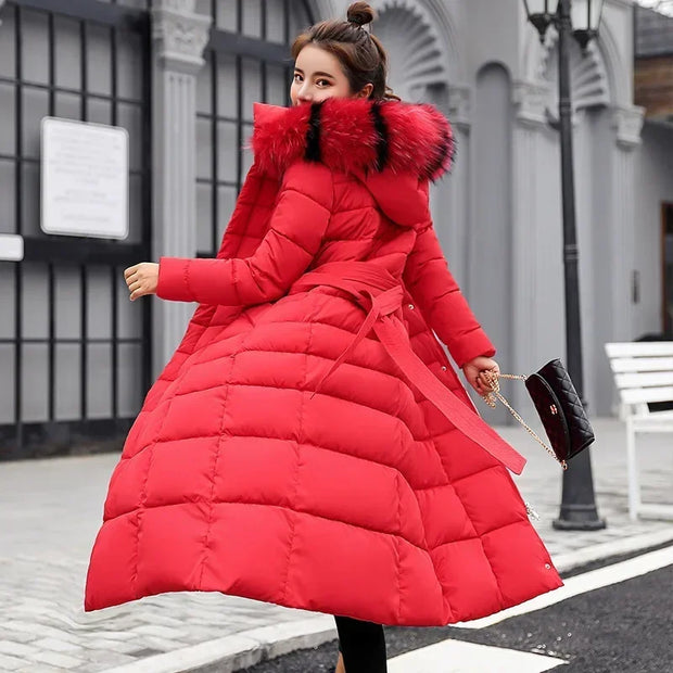 Long Down Cotton Parkas Coat Female New Winter Over Knee Loose Large Fur Collar Hooded Warm Thick Parkas Women Padded Overcoat