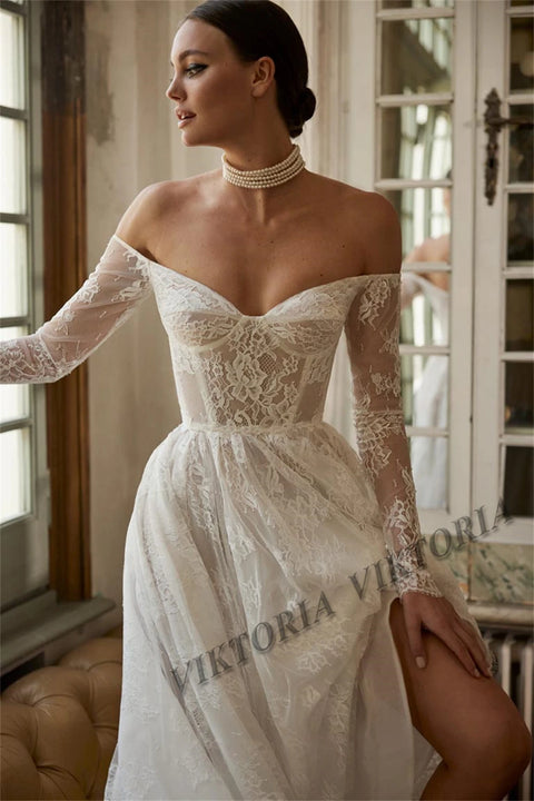 VIKTORIA Attractive Lace Wedding Dresses For Women Bride A-LINE Buttons Sweetheart Pleat Tulle Vestidos De Novia Customized