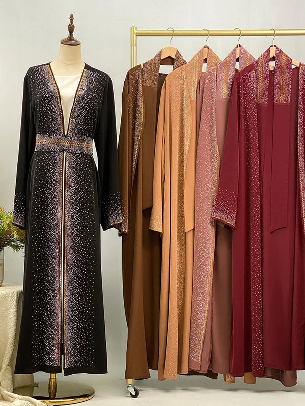 Hot Selling Ramadan Rhinestone Cardigan Islamic Dresses With Pockets Kebaya Muslim Kimono Abaya Dubai Modest Clothing Women Red