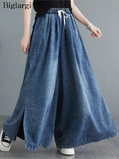 Oversized Jeans Spring Summer Long Wide Leg Pant Women Loose Pleated Fashion Split Ladies Trousers Elastic High Waist Woman Pant