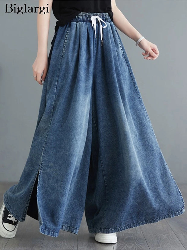 Oversized Jeans Spring Summer Long Wide Leg Pant Women Loose Pleated Fashion Split Ladies Trousers Elastic High Waist Woman Pant