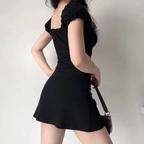 Summer Sexy Mini Dress Women Short Sleeved Lace up Hollow Casual Backless Folds Bodycon Black Dress Party Elegant A-LINE Dresses