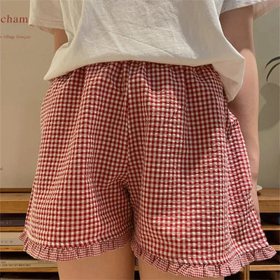 Y2k Womens Ruffle Lounge Shorts Plaid Gingham Print Casual Pajama Shorts Cute Striped Checkered Sleep Pj Bottom