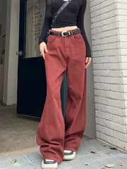 Wide Leg Jeans Women Loose Floor Length Red Vintage All-match Chic Autumn Winter Empire Daily Streetwear Female Fashion Ins New