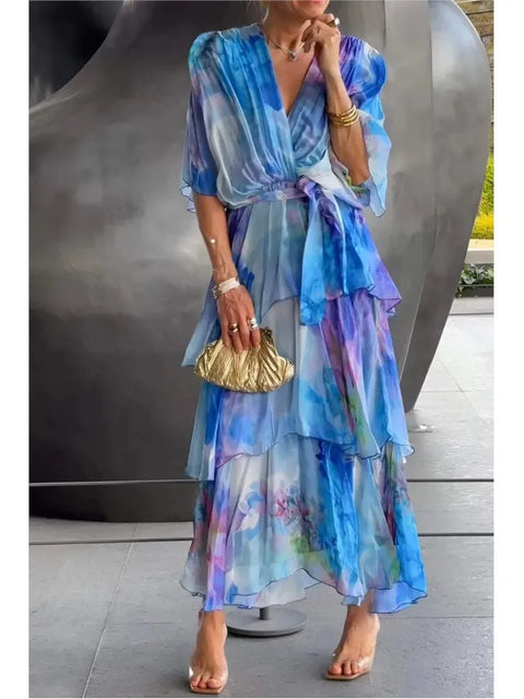 Elegant Chiffon Print Long Party Dresses For Women 2025 Summer Fashion Half Sleeve V-neck Lace Up Maxi Dress Casual