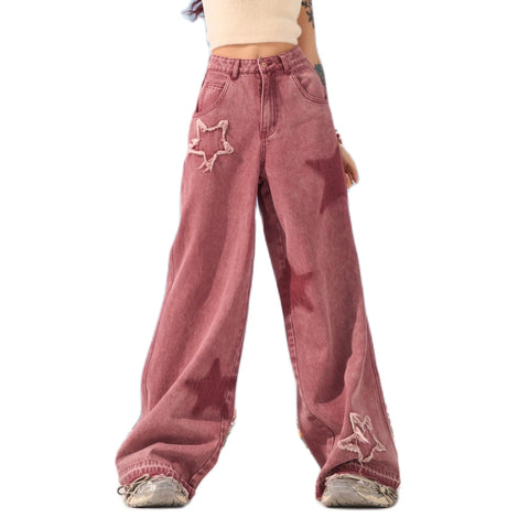 Pink Star Straight Leg Jeans Women's Summer Design Feel Y2K Loose and Slim Wide Leg Casual Pants