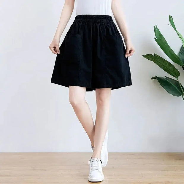 High Waist Black Pockets Patchwork Shorts Summer New Solid Loose All-match Youth Wide Leg Pants Casual Fashion Women Clothing