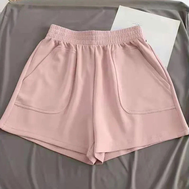 Women's Shorts with Pocket Summer Solid Color High Waist Hot Pants Casual Loose Sports Pants Elastic Waist Girls Cycling Shorts