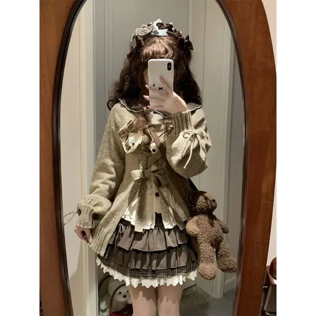 KAMEHARA French Lolita Set Cute Sweet Lapel Long Sleeved Shirt Mint Colored Sweater Short Skirt Spring Autumn 3 Piece Set Платье