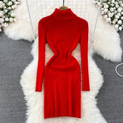 Elegant Turtleneck Long Sleeve Knit Bodycon Pencil Dress Slim Basic Fashion Sweater Vestido Sexy Women Autumn Winter Clothing