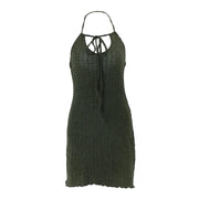 WhereMery Vintage Knitted Halter Short Dress Sexy Bandage Hollow Out Backless Dresses Elegant Sleeveless Texture Party Dresses